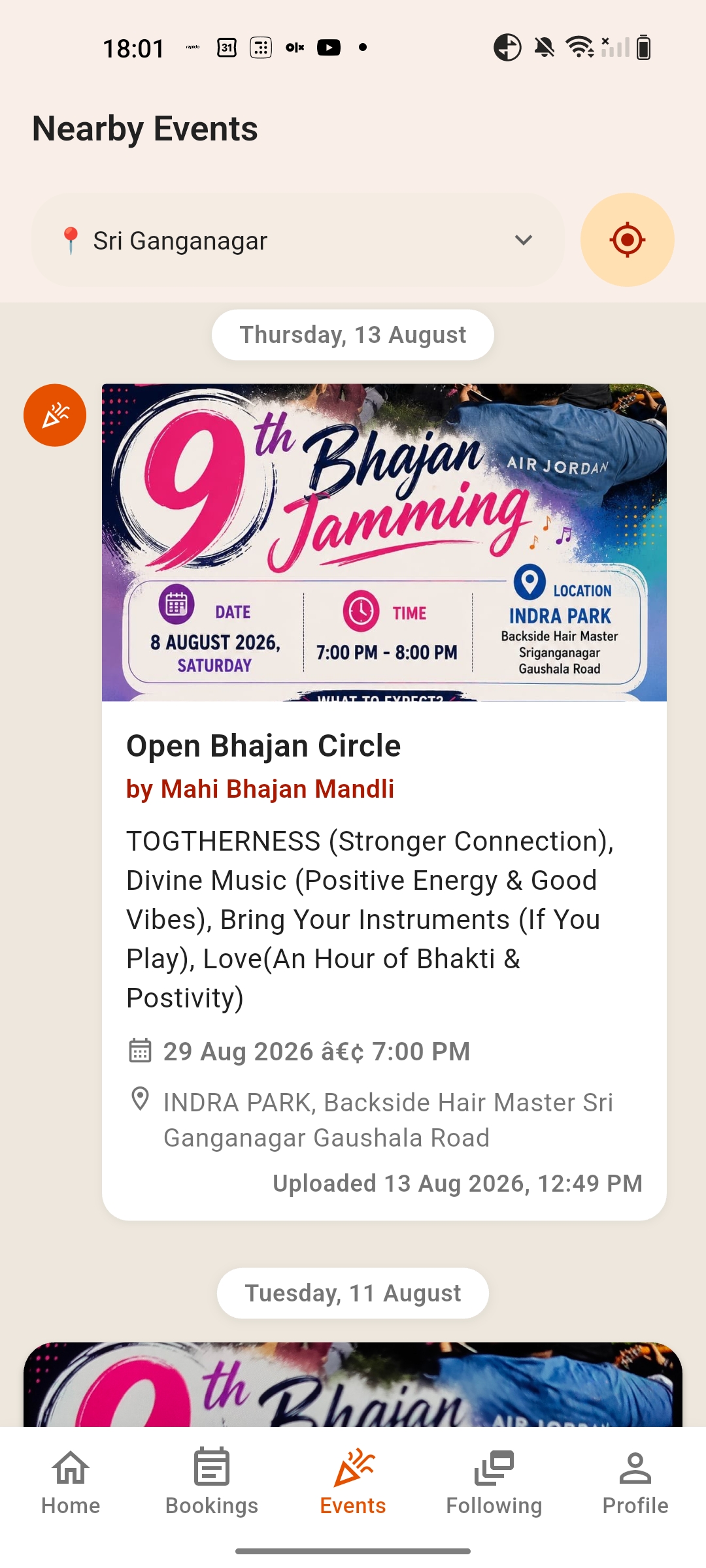 Nearby public Kirtan events screen